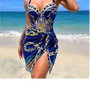 NWT Blue Chain Print Push Up One Piece Swimsuit With Beach Skirt